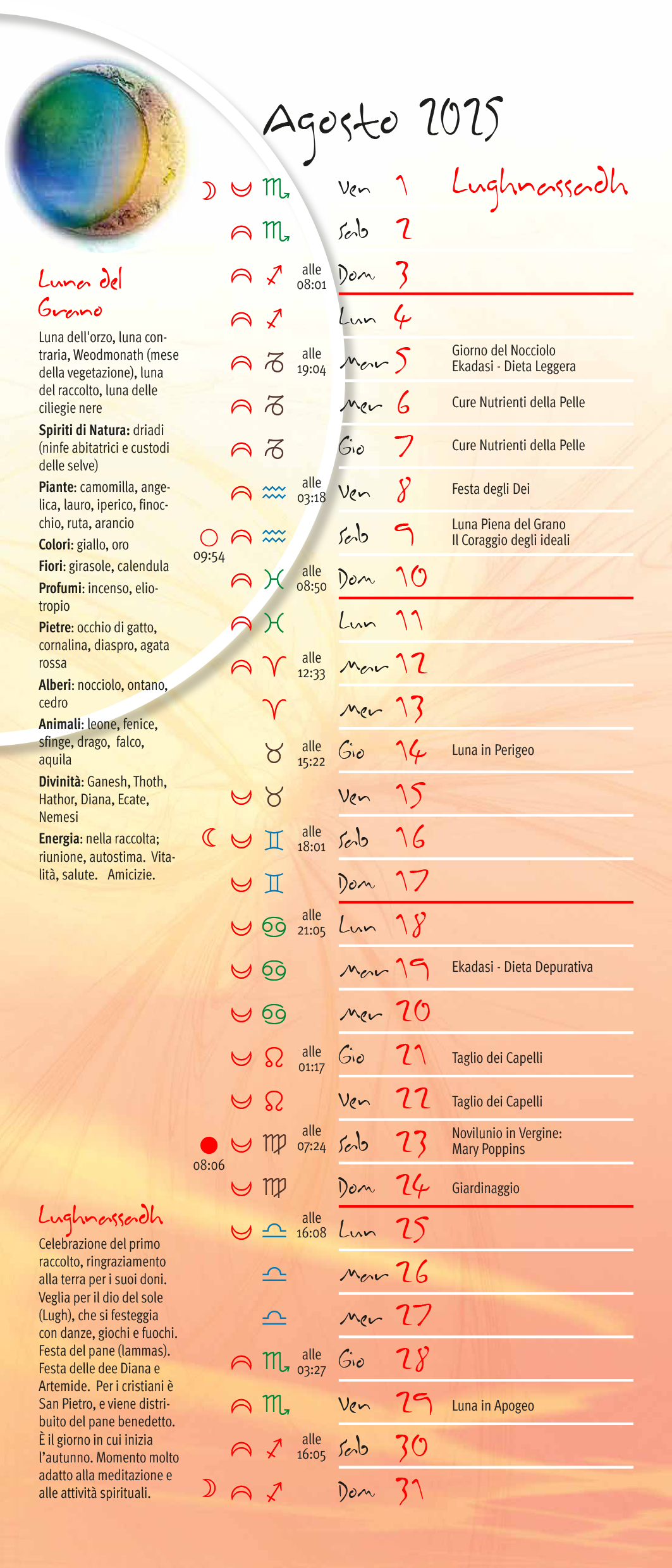 Calendario lunare agosto 2024