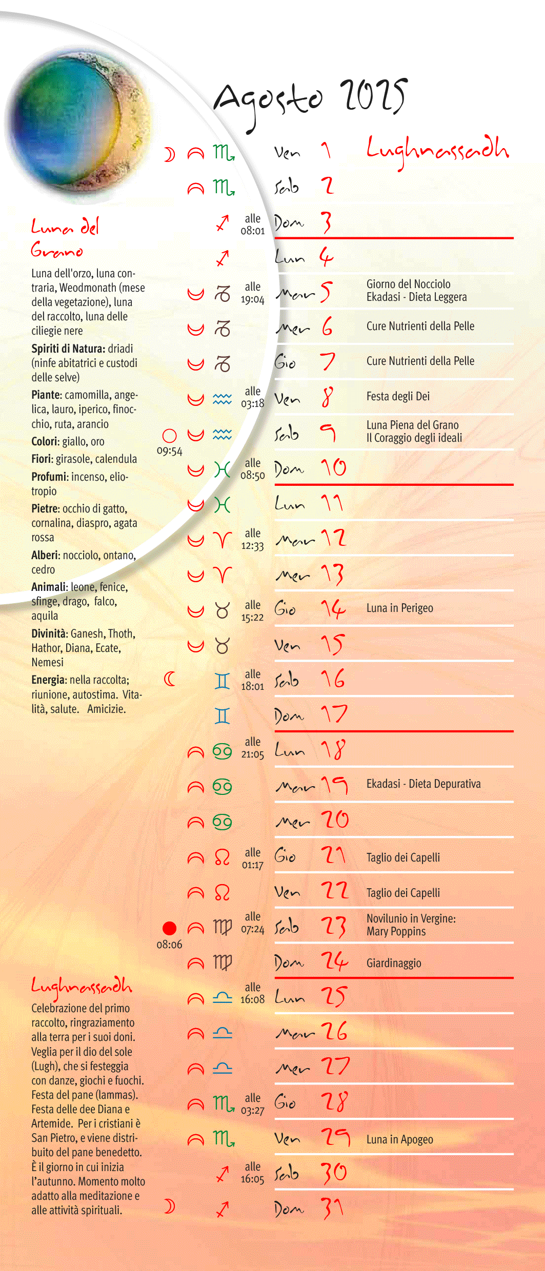 Calendario lunare agosto 2025