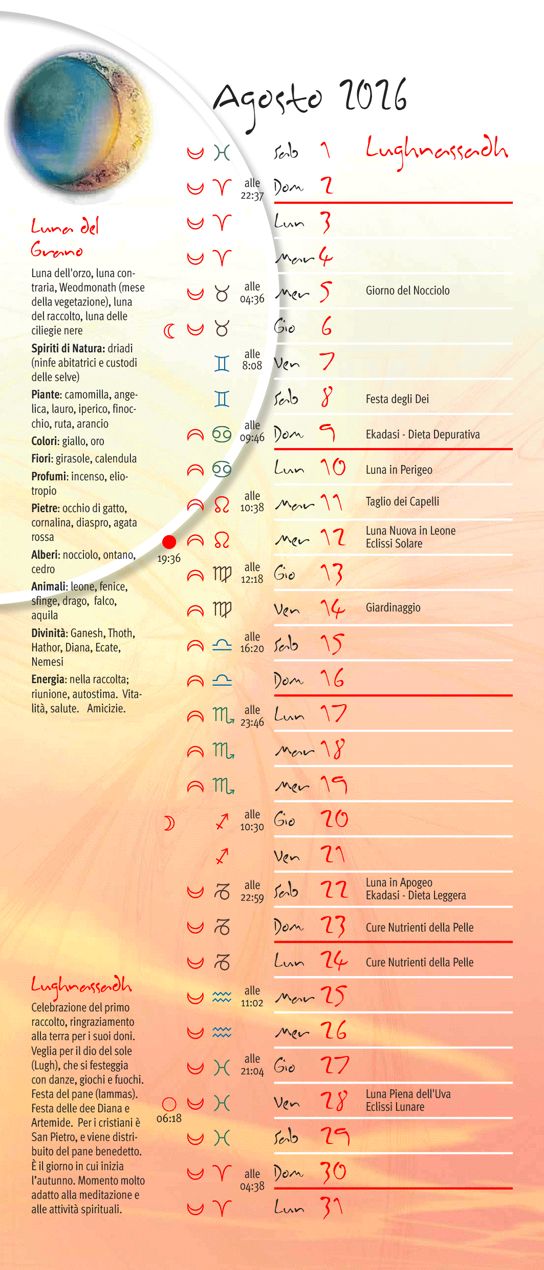Calendario lunare agosto 2026