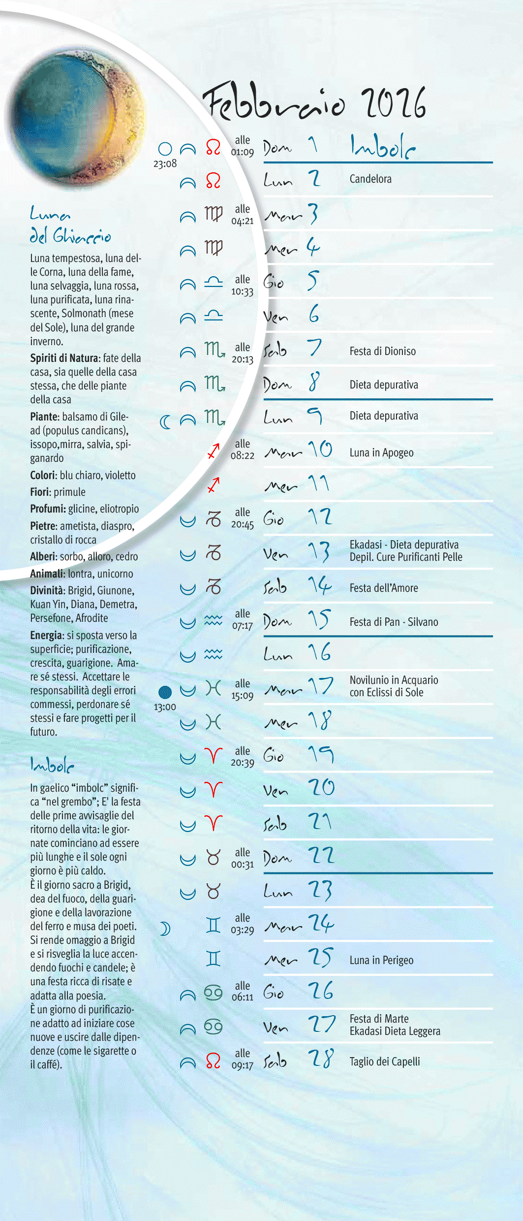 Calendario lunare febbraio 2026