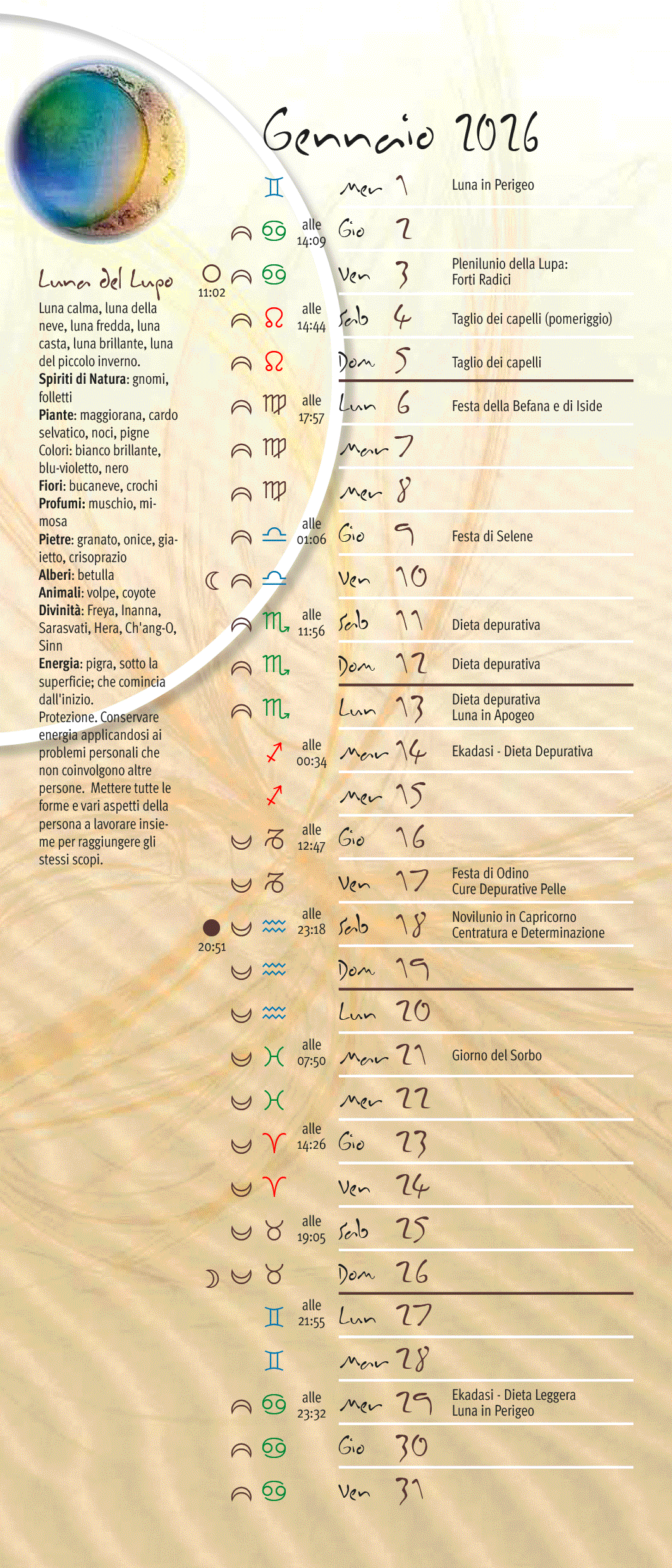 Calendario lunare gennaio 2026