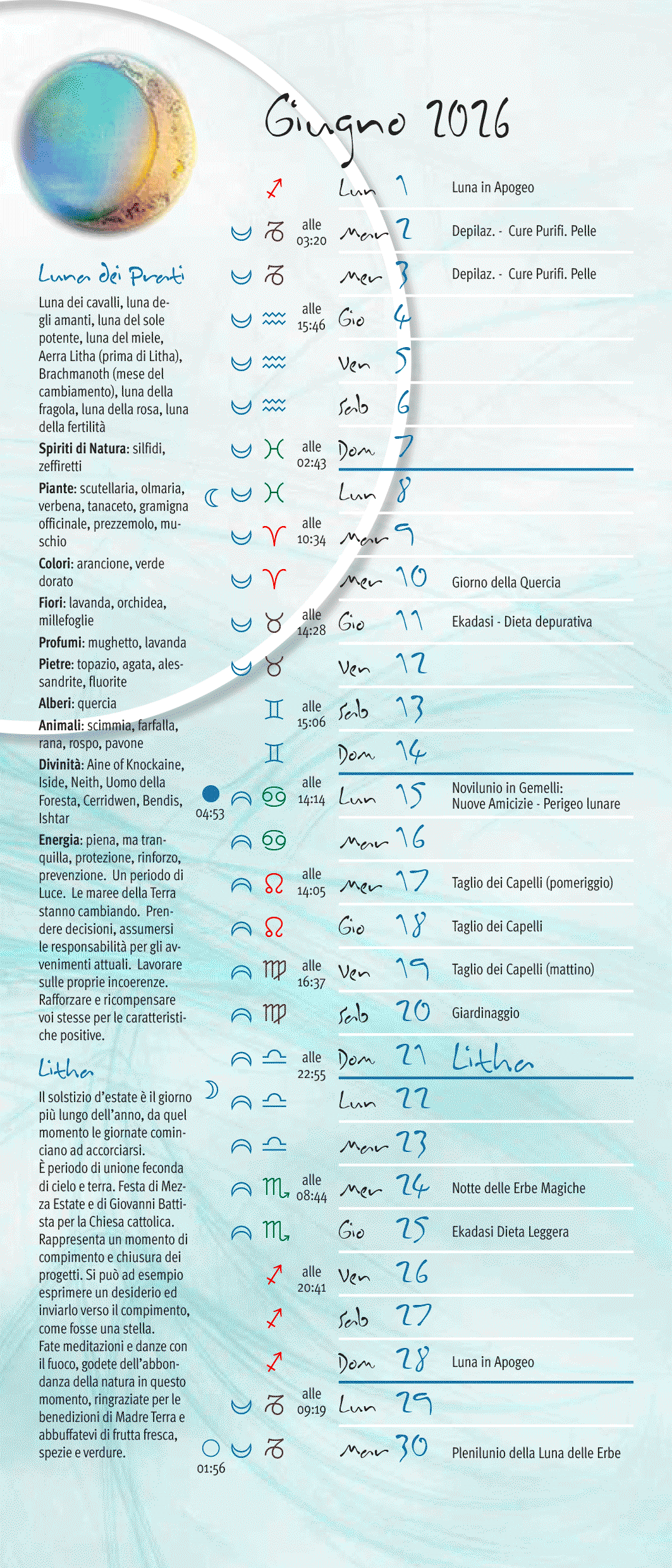 Calendario lunare giugno 2026