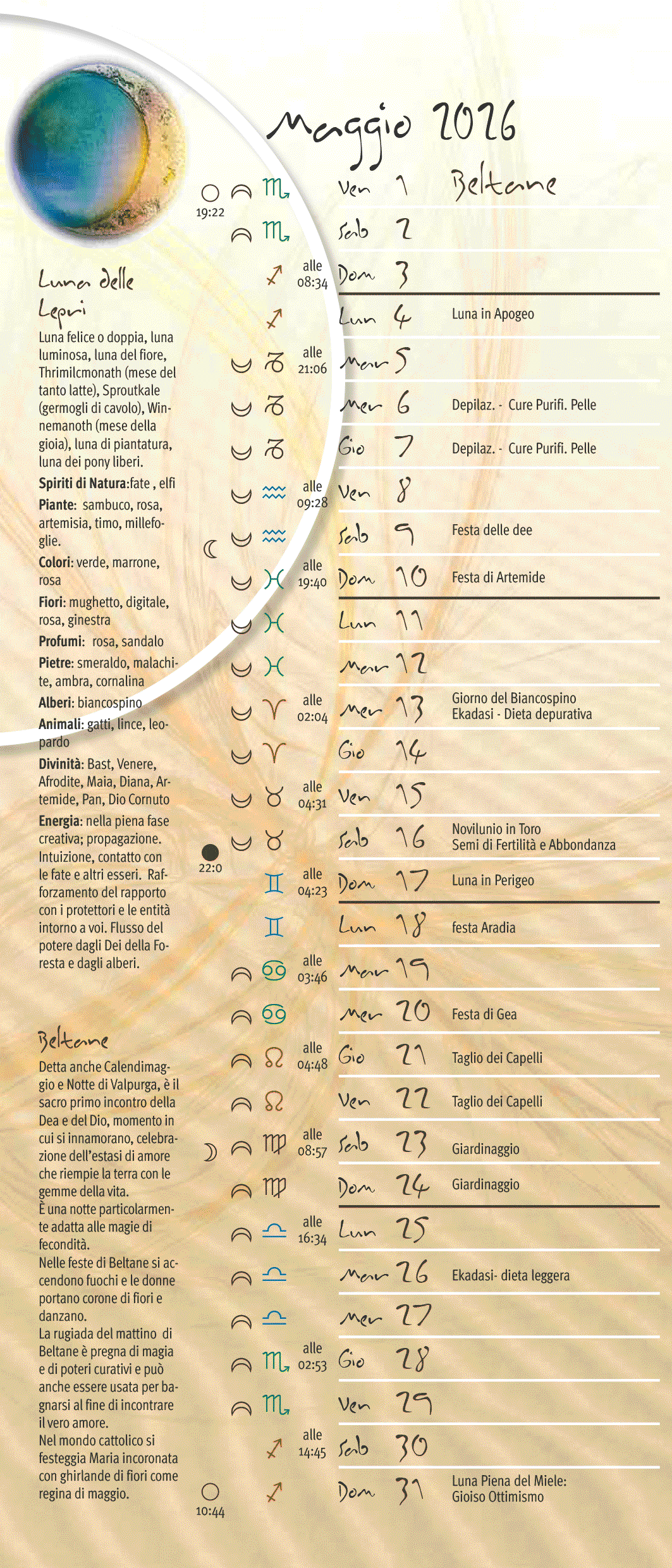 Calendario lunare maggio 2026