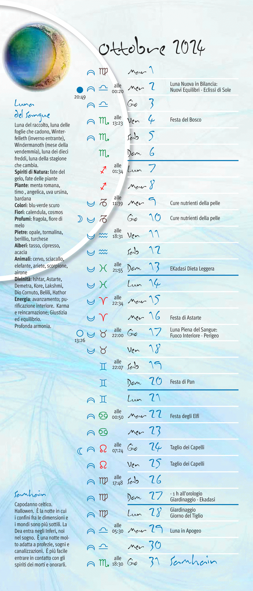 Calendario lunare ottobre 2024