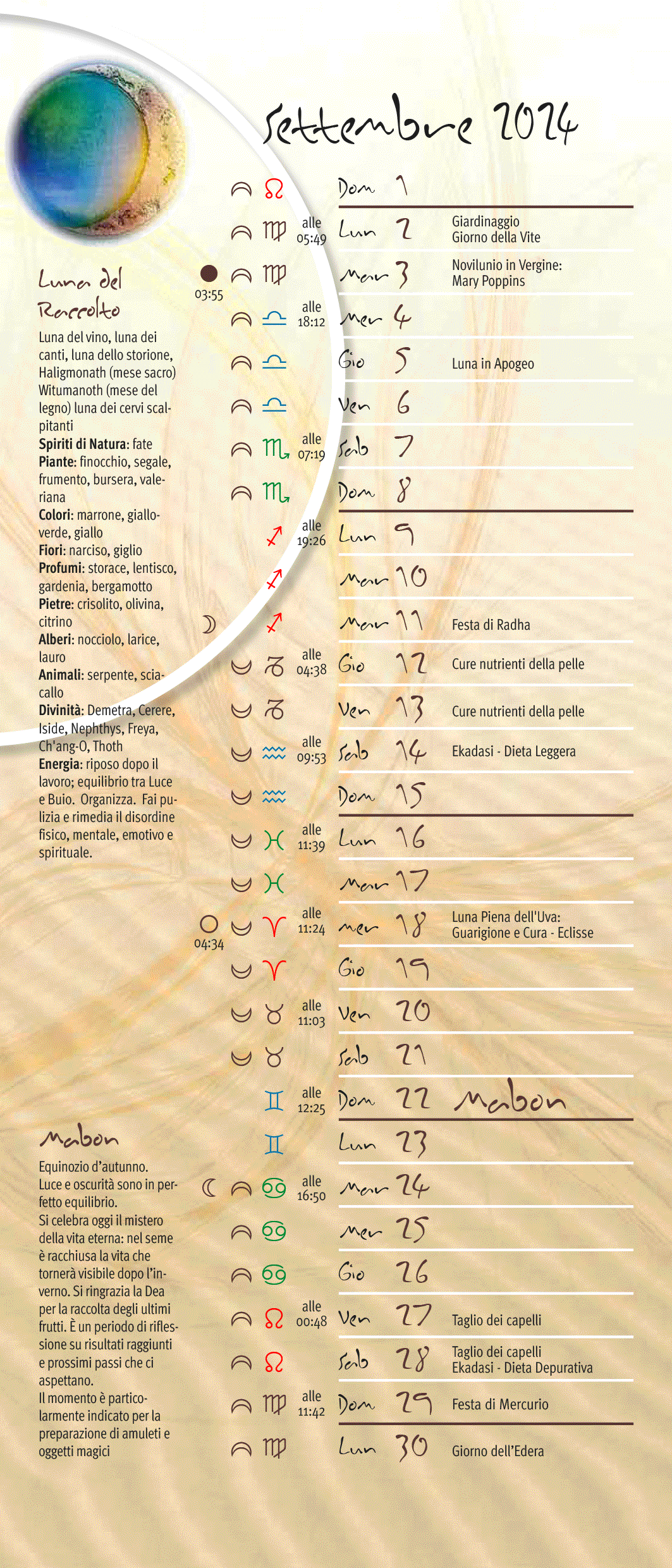 Calendario lunare settembre 2024